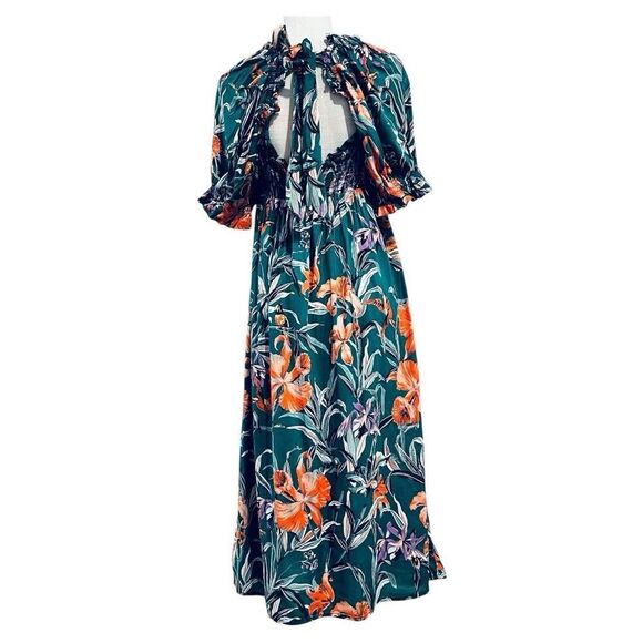 Anthropologie Puff Sleeve Smocked Floral Midi Dress Size Small Tropical - Picture 3 of 11